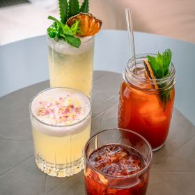 Vier verschiedene sorgfältig dekorierte Cocktails mit erlesenen Zutaten auf einem Tisch.